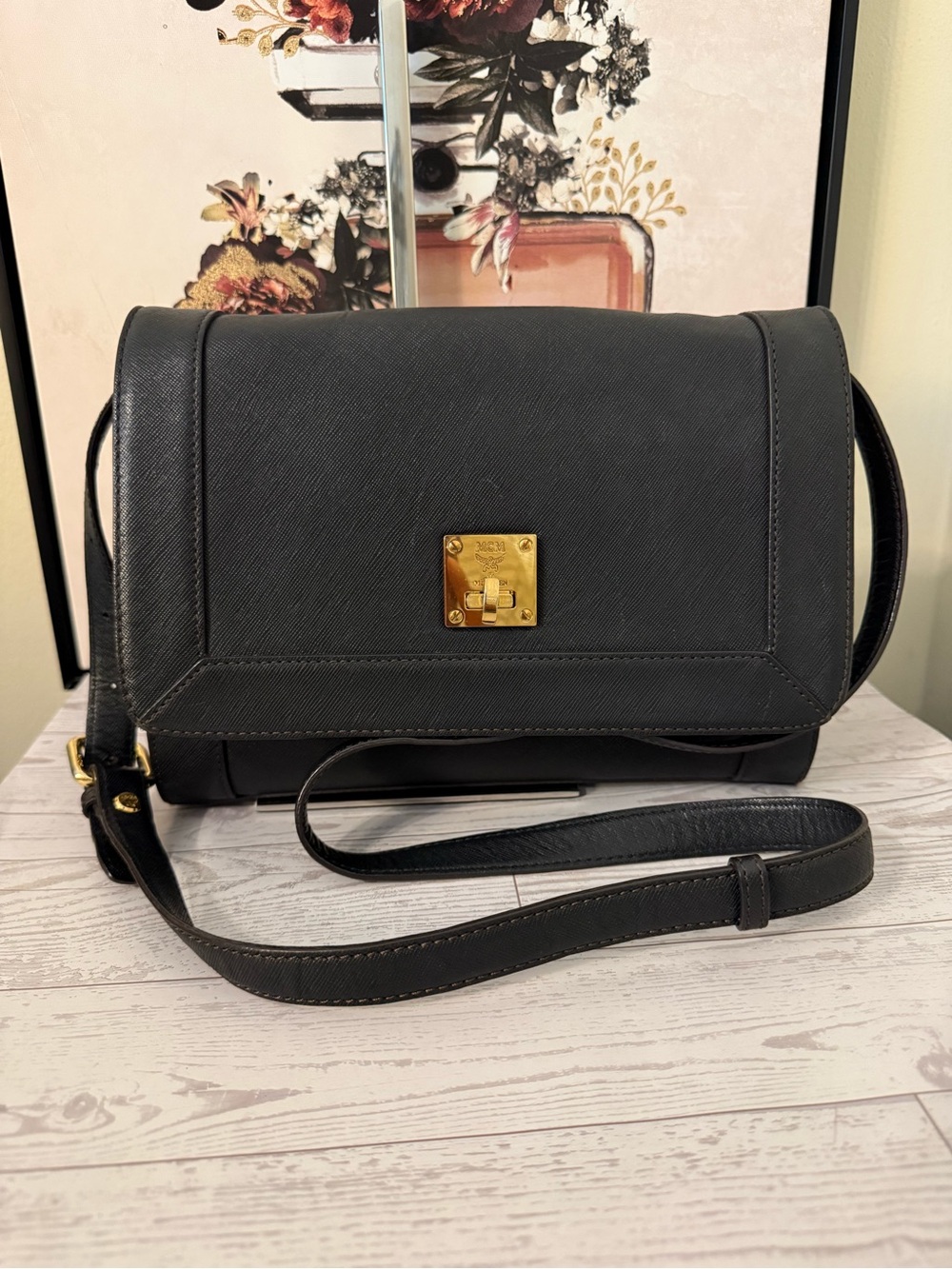 MCM Black Leather Crossbody Bag with Gold Hardware